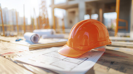 Construction Site with Orange Helmet on Architectural Blueprints
