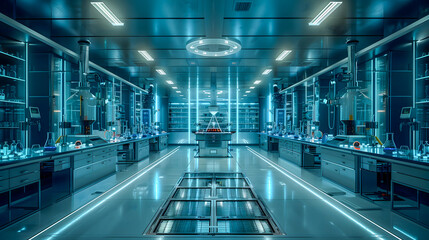 Obraz premium modern, high-tech laboratory with a symmetrical layout. It features sleek, metallic surfaces and is illuminated by blue lighting. The lab is equipped with various scientific apparatuses