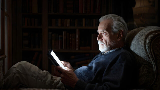 An older man sitting in a cozy armchair engrossed in reading an e-book