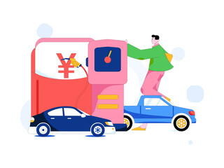 Naklejka premium Vector Internet operation hand-drawn illustration of people getting discounts for refueling their cars 