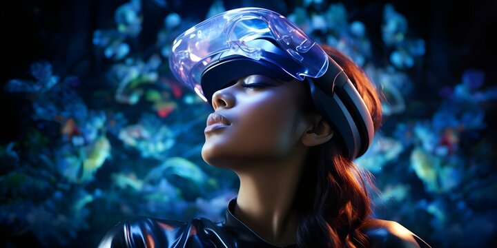 Woman in mixed reality headset immersed in virtual reality metaverse experience. Concept Virtual Reality, Mixed Reality, Metaverse, Technology, Immersive Experience
