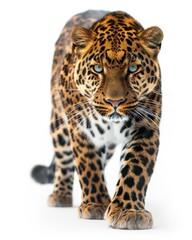 Obraz premium the Amur Leopard, portrait view, white copy space on right Isolated on white background