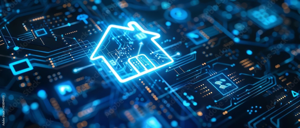 Poster a futuristic 3d scene featuring a luminous home icon encircled by dynamic circuit patterns and iot s