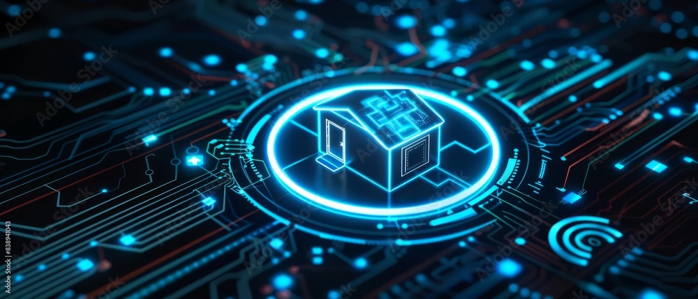 Poster a futuristic 3d scene featuring a luminous home icon encircled by dynamic circuit patterns and iot s