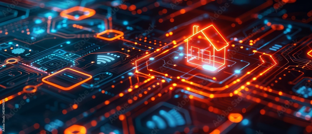 Poster a futuristic 3d scene featuring a luminous home icon encircled by dynamic circuit patterns and iot s