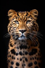 Obraz premium the Amur Leopard, portrait view, white copy space on right Isolated on black background