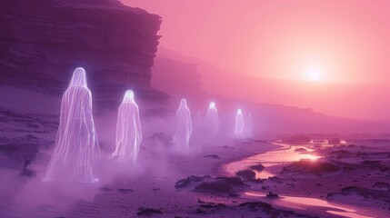 Illuminated Light Figures in Dreamlike Desert Setting with Pink Sky and Lake