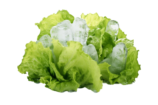 Chilled Garden: Lettuce Bedazzled With Ice Cubes on a White or Clear Surface PNG Transparent Background..