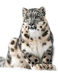 Fototapeta premium the Snow Leopard, portrait view, white copy space on right Isolated on white background
