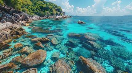 wallpaper of a Islands, with crystal clear water and vibrant coral reefs as the background, during a sunny day with empty copy space