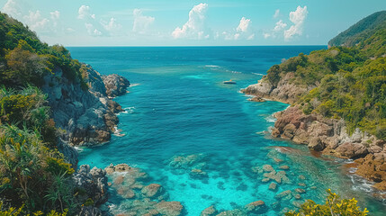 Fototapeta premium wallpaper of a Islands, with crystal clear water and vibrant coral reefs as the background, during a sunny day with empty copy space