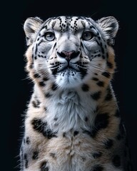 Obraz premium the Snow Leopard, portrait view, white copy space on right Isolated on black background