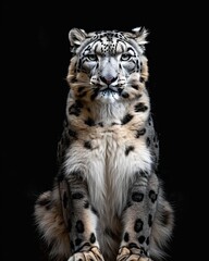 Fototapeta premium the Snow Leopard, portrait view, white copy space on right Isolated on black background