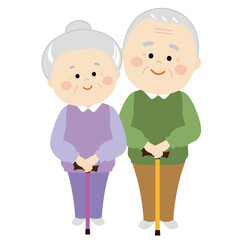 杖を持った高齢の夫婦の全身のイラスト1