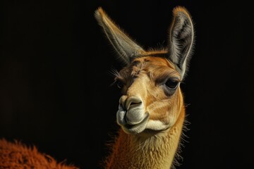 Naklejka premium Mystic portrait of Llama, copy space on right side, Anger, Menacing, Headshot, Close-up View Isolated on black background