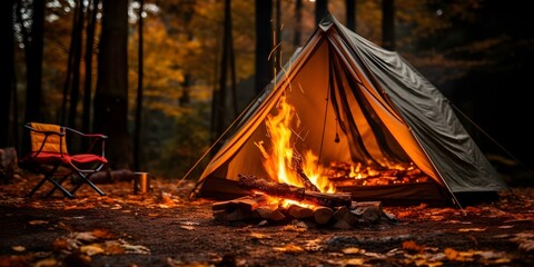 Bonfire burning near camping tent in forest creating a cozy atmosphere. Concept Camping, Bonfire, Forest, Cozy Atmosphere, Nature