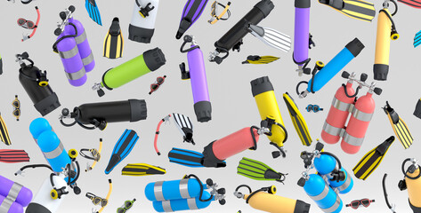 Many of flying scuba stuff like oxygen tank, flip flops and scuba mask on white