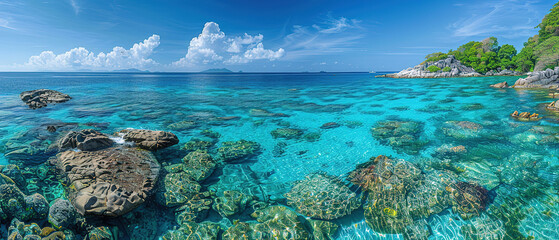 wallpaper of a Islands, with crystal clear water and vibrant coral reefs as the background, during a sunny day with empty copy space