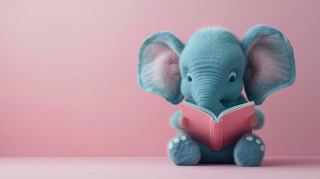 Funny cute elephant reading book isolated on pastel background