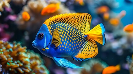 Blue and yellow polka dot angelfish swimming in a coral reef, marine life photography showing vibrant colors in an underwater scene with high resolution. 