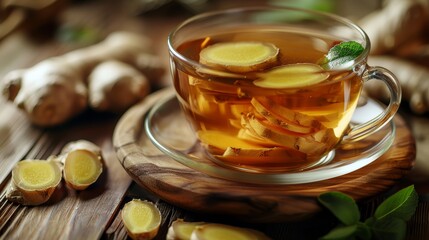 ginger tea and fresh ginger on a wooden table , in a closeup view. Concept for a healthy lifestyle or natural healing with natural products. 