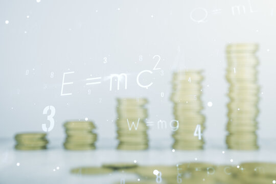 Scientific formula illustration on coins background, science and research concept. Multiexposure