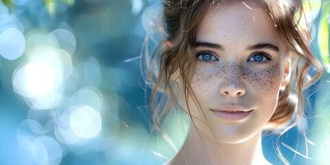 Closeup of young woman with freckles in natural sunlight showcasing her beauty. Concept Portrait Photography, Natural Light, Freckles, Young Woman, Beauty