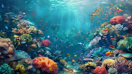 Obraz premium A futuristic vision of a beautiful, serene seascape features a thriving coral reef with a variety of fish creating a vivid underwater tableau