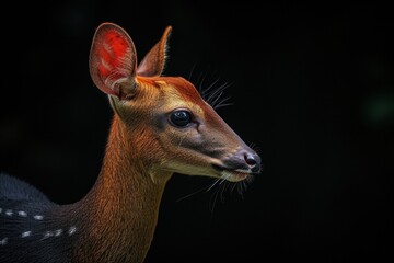 Obraz premium Mystic portrait of Muntjac, copy space on right side, Anger, Menacing, Headshot, Close-up View Isolated on black background