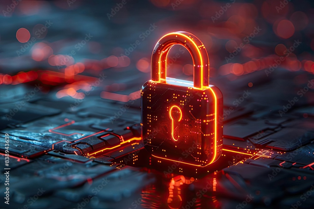 Poster digital padlock icon, glowing lines, secure data, front view, represent cybersecurity, advanced tone