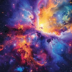 Colorful cosmic nebula with vibrant hues of purple, blue, and yellow, showcasing the beauty of deep space and stellar formations.