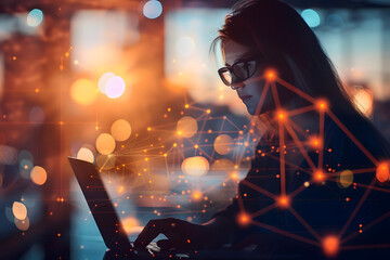 network engineer with network diagram hologram and woman on laptop configuring, digital networking, and dusk overlay. generative ai