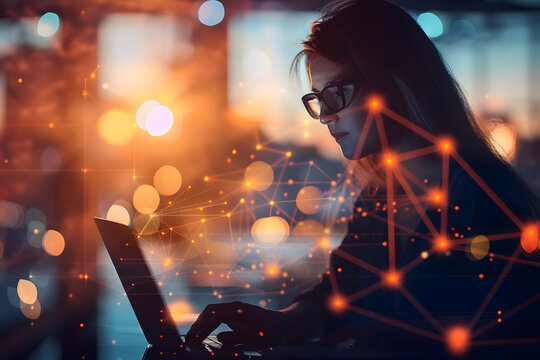 network engineer with network diagram hologram and woman on laptop configuring, digital networking, and dusk overlay. generative ai