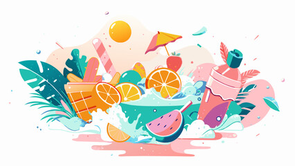 Vibrant Summer Splash with Fruits, Ice Cream, and Refreshing Drinks