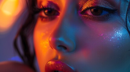 Closeup of a woman's face with colorful lighting and makeup.