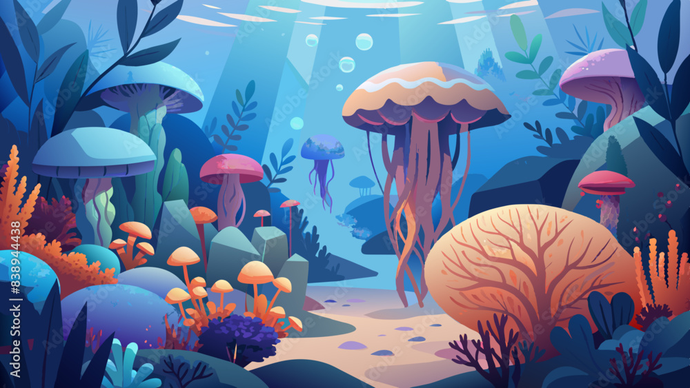 Wall mural Enchanting Underwater Seascape with Vibrant Jellyfish and Coral Reefs