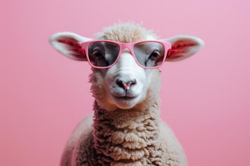 Obraz premium A playful sheep lamb wearing stylish sunglasses, standing out against a solid pastel background, perfect for a commercial or editorial advertisement