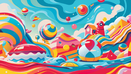 Fototapeta premium Vibrant Fantasy Landscape with Whimsical Structures and Floating Orbs