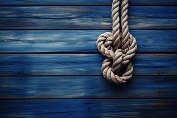 Obraz premium Weathered Marine knot on wooden background. Water vessel sport ship rope. Generate AI