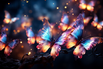 Beautiful butterflies flying in pink and blue smoke, pastel colors, fantasy background, soft lighting