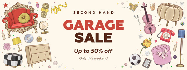 Vector horizontal garage promotional sale web banner, billboard, poster or flyer with hand drawn vintage furniture and interior design elements. Real estate concept illustration