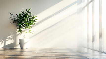 A minimalist office interior with a single, oversized plant strategically placed to create a sense of calm and focus. Sunlight streams through a large window, bathing the space in a soft glow.