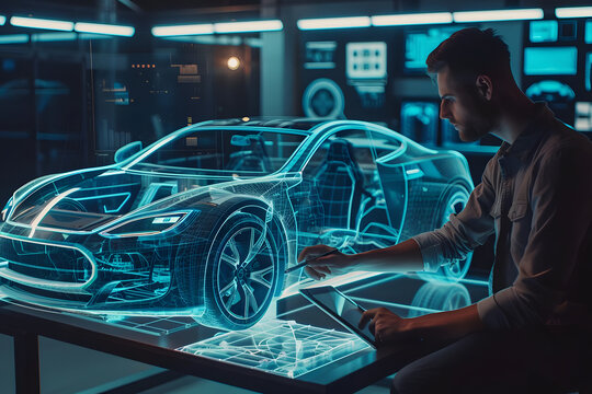 automotive engineer with car model hologram and man on tablet designing, digital automotive, and evening overlay. generative ai