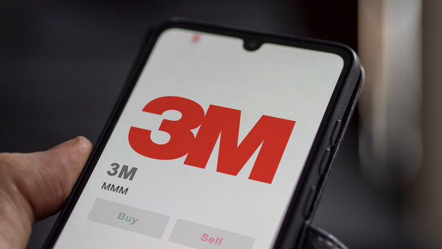 April 09th 2024 , Saint Paul, Minnesota. Close up on logo of 3M on the screen of an exchange. 3M price stocks, $MMM on a device.