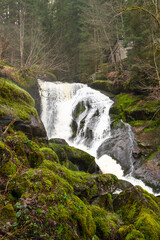 Triberg waterfall in the Black Forest, highest fall in Germany, Gutach river plunges over seven major steps into the valley, wooden bridge