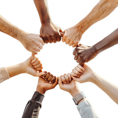 Diverse hands clasped together in a circle, symbolizing unity, teamwork, and community.