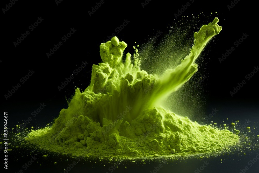 Poster high-speed image of a dynamic green paint splash against a dark backdrop, depicting motion and color