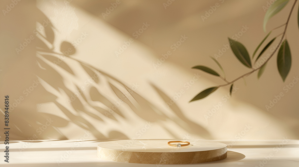 Poster wooden table and shadow of plant on the wall. 3d rendering,subtle light beige abstract minimal backg