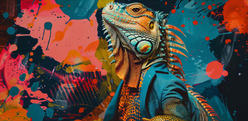 A surreal pop art scene featuring an orange lizard iguana in a flamboyant blue autumn jacket