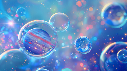 azure background with glass planets and bubbles floating in the air